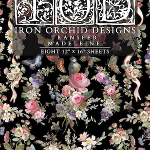 Peut inclure: Un fond noir est orné d'un motif floral avec des roses roses, des papillons et des abeilles. Le texte "IRON ORCHID DESIGNS TRANSFER MADELEINE HUIT FEUILLES 30.5cm x 40.6cm" est affiché en blanc. Le motif comprend diverses fleurs et rubans.