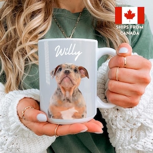 May include: A light grey ceramic mug, holding approximately 444 ml, with a dog portrait and the name "Willy". The dog has a speckled coat of brown, grey, and white. The mug has a white handle and the text "15 oz - Light Grey".