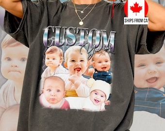 T-shirt bootleg personnalisé - Cadeau pour la fête des mères, photo de bébé, chemise photo vintage des années 90, graphique rétro personnalisé, votre propre idée, cadeau pour maman chien chat