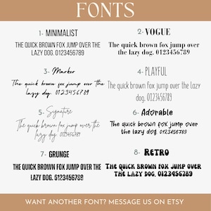 K&ouml;nnte beinhalten: Grafik mit acht verschiedenen Schriftarten, jeweils mit einem Beispielsatz: "The quick brown fox jumps over the lazy dog." Schriftarten sind Minimalist, Vogue, Marker, Playful, Signature, Adorable, Grunge und Retro. Oben steht das Wort "FONTS".