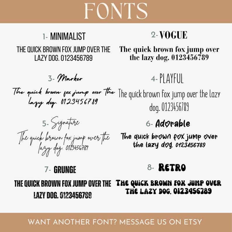 K&ouml;nnte beinhalten: Grafik mit acht verschiedenen Schriftarten, jeweils mit einem Beispielsatz: "The quick brown fox jumps over the lazy dog." Schriftarten sind Minimalist, Vogue, Marker, Playful, Signature, Adorable, Grunge und Retro. Oben steht das Wort "FONTS".
