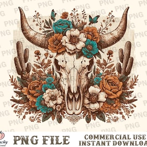 Boho Floral Bull skull PNG, Boho Cow Skull, Floral cow skull western PNG, Bohemian Floral cow skull, Wild west PNG, Boho Cowgirl clipart png