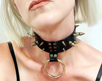 Gothic Spiked O Ring Choker, Vegan Leather Bondage Collar with Lace-Up, Corset Style Closure - Bronze & Black, Custom Size