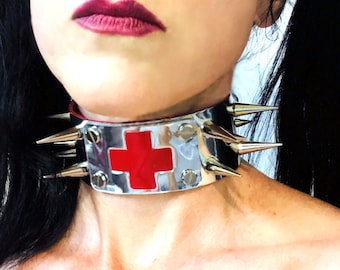 Metallic Spiked Robot Nurse Collar, Red Cross Choker, Robot Medic Costume, Medical Fetish Collar, Custom Size, Free US Shipping
