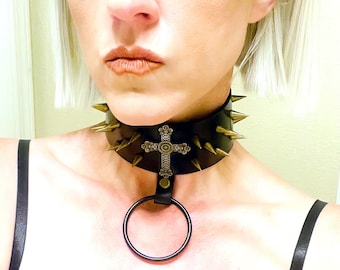 Gothic Cross Spiked Rubber O Ring Collar - Wide Black Vegan Corset Choker with Bronze Spikes and Cross Charm
