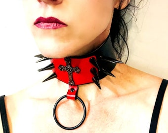 Spiked Vegan Leather Gothic Corset Collar with Ornate Cross - Goth / Punk Spiked Bondage Choker - Wide O Ring Collar