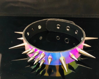 Holographic Spiked Choker, Iridescent Patent Vinyl  and Vegan Leather Collar, Goth, Punk, Rave - Any Size
