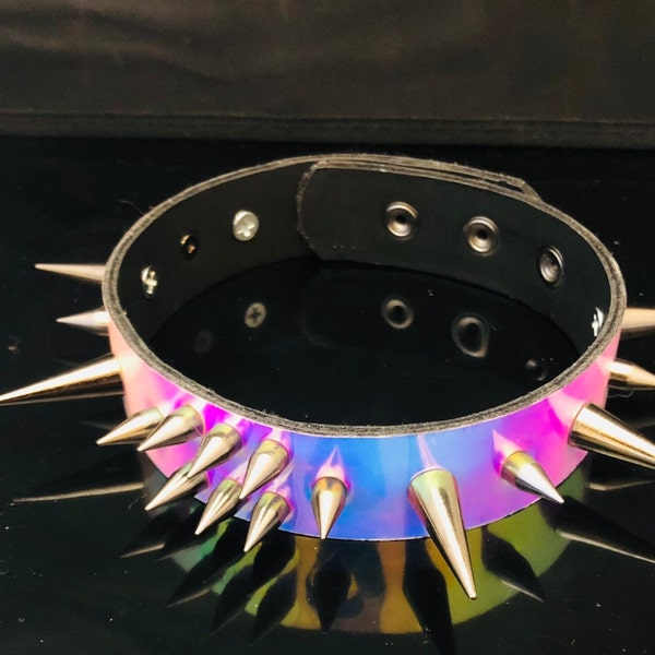 Holographic Spiked Choker, Iridescent Patent Vinyl  and Vegan Leather Collar, Goth, Punk, Rave - Any Size