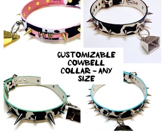 Custom Hucow Choker, Vegan Leather Cow Print Collar, Cowbell Necklace, Cow Costume, Cosplay, Pet play - Any Size - Hand Painted