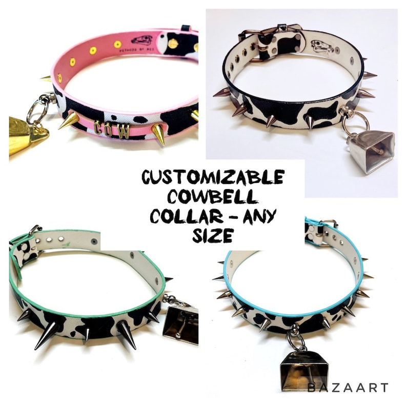 Customizable  Cowbell Collar - Spiked Vegan Leather Cow Print Choker - Bondage Collar, Cow Costume, Cosplay, Pet play - XS to Plus Size 