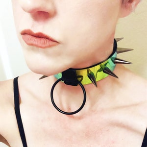 Holographic Bondage Choker with Large Spikes, Irridescent Vegan Leather O Ring Collar, Snap Closure - Goth, Punk, Club, Festival. ANY SIZE