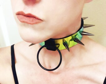 Holographic Bondage Choker with Large Spikes, Irridescent Vegan Leather O Ring Collar, Snap Closure - Goth, Punk, Club, Festival. ANY SIZE