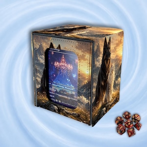 May include: A square deck box featuring a printed landscape with a German Shepherd and a white cat, with a central window displaying a trading card. The card shows a chandelier and text. Seven red and black polyhedral dice are arranged nearby.