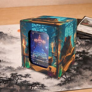 Könnte beinhalten: Eine blaue und türkisfarbene Kartenaufbewahrungsbox mit einem Fantasy-Kunst-Design. Die Box hat ein Fenster, das eine Karte mit einem Kronleuchterbild zeigt. Die Box steht auf einer gemusterten Matte, auf der andere Karten zu sehen sind.