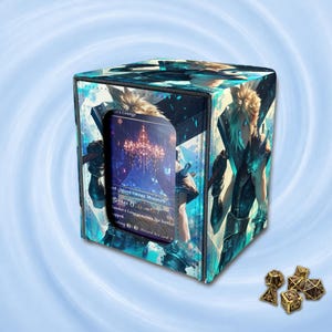 May include: A square deck box featuring a blue and black graphic of a spiky-haired character holding a large sword. The front panel has a clear window displaying a trading card with a chandelier illustration. Five gold-colored polyhedral dice sit nearby.