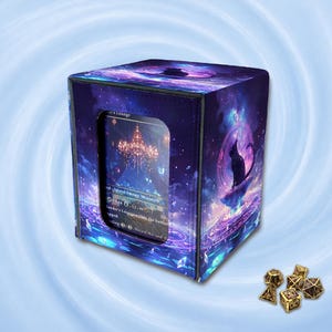 May include: A square deck box featuring a cosmic purple and blue galaxy print with a silhouette of a cat sitting on a floating rock. The front has a clear window displaying a trading card with a chandelier illustration. Five gold dice sit nearby.