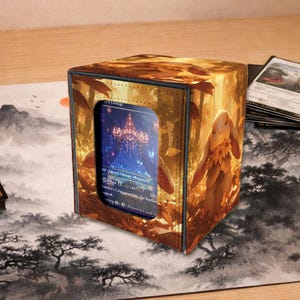 May include: A square card storage box with a colorful illustration of a forest scene and a rabbit-like creature. The box has a window displaying a card with text. The box is sitting on a playmat with a landscape design.