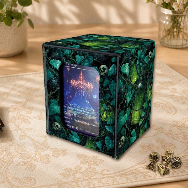 MTG TCG Deck Box, Green Potion Gothic Card Storage Box, Dark Alchemy Trading Card Holder, Skull Forest Commander Gift, Toxic Elixir Relic