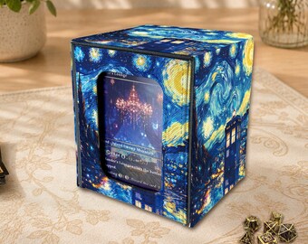 MTG Deck Box with Commander Display, Van Gogh Style PU Leather TCG Card Storage, Holds 100+ Sleeved Cards,Starry Blue Time Booth
