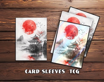 May include: Card sleeves with a Japanese pagoda scene in watercolour, featuring a large red sun, mountains, and birds. The text "CARD SLEEVES TCG" is printed at the bottom. The sleeves have a black border.