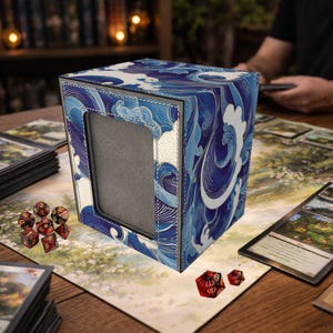 Riftbound Deck Box with Commander Display Window, Holds 100+ Sleeved Cards，Wave Pattern in Blue and White