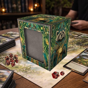 Op de afbeelding: Een groene en gouden kaartenopbergdoos met een wasbeerillustratie. De doos heeft een rechthoekige opening en is versierd met een fantasiekunstontwerp. Verschillende rode dobbelstenen liggen verspreid rond de doos op een speelmat.