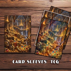 May include: A set of rectangular card sleeves featuring a fantasy illustration of a treasure-filled stone hall with gold coins, jewels, and ancient armor. The text CARD SLEEVES TCG is printed in white at the bottom of the image, which depicts a hoard.