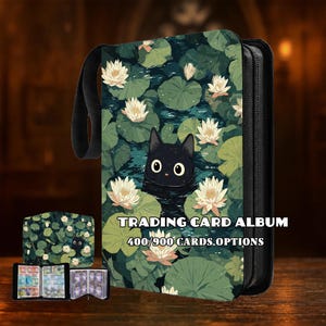 Álbum de cartas coleccionables (400/900 cartas opcionales), carpeta de PU con cremallera para MTG/TCG/Pokémon, un gato adorable en un estanque.