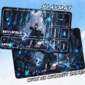 Magical Cat - Girl in Forest Play Mat，Magic the gathering，Gaming Mat with Zones Option，TCG - Custom Playmat，350mm x 600mm x 4mm