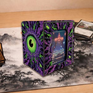 May include: A black and purple card storage box with a green eye design. The box has a framed window showing a card with a fantasy landscape. The box is on a gray and white playmat.