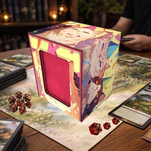 May include: A colorful card storage box featuring a cat-themed design with party hats. The box has a red interior and is surrounded by a yellow frame. Several red dice are scattered around the box, suggesting a tabletop game.