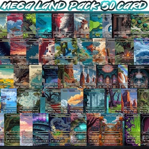 Könnte beinhalten: Eine Sammlung von 50 illustrierten Sammelkarten mit Fantasy-Landschaften. Die Karten zeigen verschiedene Szenen, darunter Wälder, Berge und Küstenansichten, mit einer Vielzahl von Farbpaletten. Der Text "MEGA LAND PACK 50 CARD" ist oben zu sehen.
