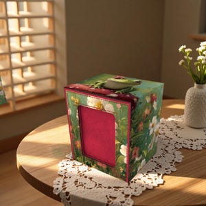 May include: A decorative photo box with a red interior and a floral and frog design. The box is green with white and yellow flowers. A green frog sits on top of the box. The box is on a wooden table.
