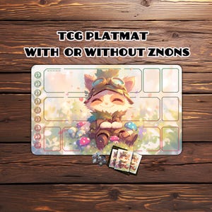 May include: A rectangular TCG playmat with a cartoon illustration of a smiling cat-like creature wearing goggles, surrounded by mushrooms and flowers. The mat has designated zones for card placement and the text "TCG PLAYMAT WITH OR WITHOUT ZNONS".