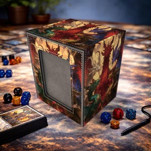 May include: A rectangular card storage box with a dragon-themed design. The box features a large opening and is decorated with a colorful illustration of dragons in shades of red, blue, and green. White stitching outlines the edges.