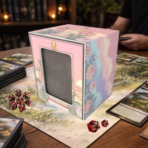 May include: A pastel-colored card storage box with a floral design and a window. The box features a pink border with roses and a gray interior. Dice and cards are visible on the table, suggesting a tabletop gaming theme.