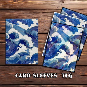 May include: Card sleeves with a blue and white wave pattern. The design features stylized ocean waves in shades of blue and white, with the text "CARD SLEEVES TCG" at the bottom. The sleeves are designed for trading card games.