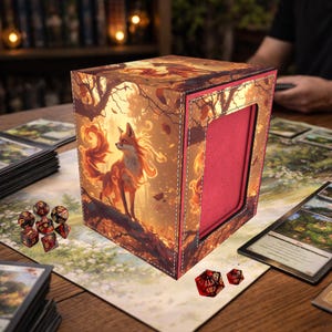 May include: A cube-shaped card storage box with a fox illustration. The box features a vibrant design with a fox in a forest setting, with a red interior. Dice and cards are visible on the table. The box is approximately 10 cm wide.