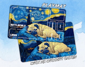 Starry Night Pug Gaming Playmat: TCG Desk Mat - 24" x 14",MTG Playmat, Trading Card Game playmat, Gifts for Gamers