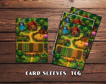 May include: A set of rectangular card sleeves featuring a pixel art illustration of a farm scene with a house, a barn, a chicken coop, a pond with a waterfall, and rows of crops. The text CARD SLEEVES TCG is printed in white at the bottom.