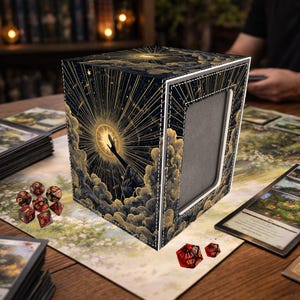 May include: A black and gold card storage box with a celestial design featuring a hand reaching towards a radiant sun. The box has a white stitched frame and is surrounded by red dice and playing cards, ideal for tabletop gaming.