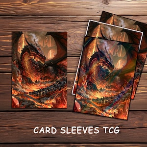 May include: A set of rectangular card sleeves featuring a detailed illustration of a black dragon with glowing red eyes and scales amidst a fiery volcanic landscape with molten lava and jagged rocks. The text CARD SLEEVES TCG is printed below.