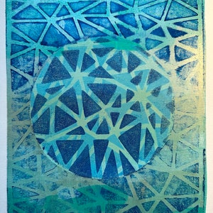 May include: Abstract geometric print with a blue and green color scheme. The print features a circle with a geometric pattern inside of it.