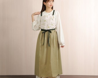 Wildflower "Stellaria" Printed Dress Apron, Gathered Long Length Skirt Apron, long length, Japanese design, Shipped from Japan.