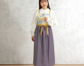 Wildflower "Diapensia" Printed Dress Apron, Gathered Long Length Skirt Apron, long length, Japanese design, Shipped from Japan.