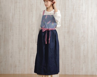 Wildflower "Angelonia" Printed Dress Apron, Gathered Long Length Skirt Apron, long length, Japanese design, Shipped from Japan.