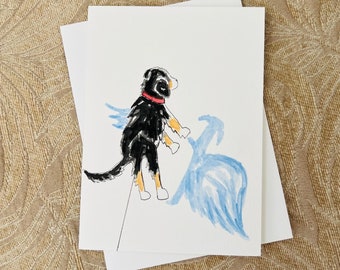 Angel Wings Walking the Dog Bernese Mountain Dog Puppy Greeting Card Art Original Watercolor Painting Condolence Dog Sympathy Card Loss Pet