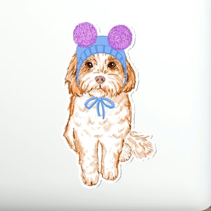 Sticker imperméable Cavapoo Sticker chien personnalisé Cockapoo maman amoureux des chiens mignon pompon chapeau