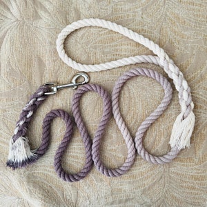 May include: A white and purple rope dog leash with a silver clip. The leash is made of two ropes twisted together.
