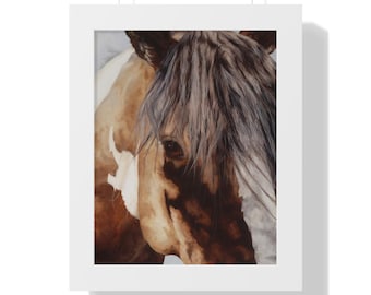 May include: A framed watercolor painting of a horse's head. The horse has a brown and white coat with a dark brown mane. The painting is set in a white frame, ready to hang. The horse's eye is visible, and the painting has a soft, realistic style.